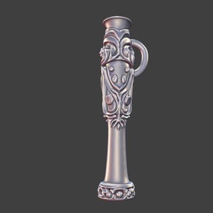 May include: A silver-colored, ornate vase with a handle. The vase features detailed floral and scrollwork designs along its body and base. The top has a flared opening. The handle is a curved loop. The vase is a decorative item.