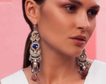 Orecchini in soutache color carne con fiori, orecchini in pietra naturale, regalo alla moda per la migliore amica, regalo per lei, orecchini in cristallo color champagne fatti a mano