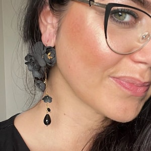 Black Flower Cascade Earrings, Black Long Petal Earrings, Floral Statement Earrings, Black Dangle Earrings, Handmade Flower Earrings by ANUI