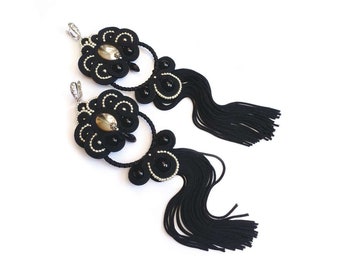 Black Tassel Earrings, Long Soutache Earrings, Chandelier Earrings, Dangle Earrings, Handmade Beaded Earrings, novelty earrings