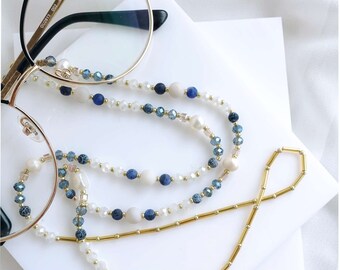 Beaded Pearl and Natural Stone Glasses Chain, Summer Sunglasses Accessory