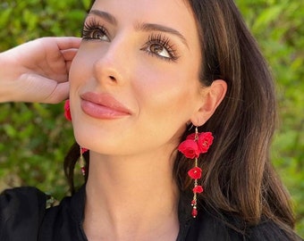 Red Flower Earrings Dangle, Red Cascade Earrings, Red Long Earrings, Statement Earrings, Red Rose Earrings, Handmade threader earrings