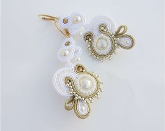 Bridal Soutache Earrings, Gold Wedding Earrings, White Earrings, Handmade Bride Earrings, Statement Earrings, Pearl Earrings by ANUI