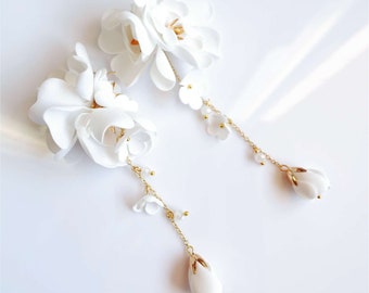 White Long Petal Earrings, White Flower Earrings, Floral Wedding Earrings, Wedding Boho Flower Earrings, Bridal White Dangle Earrings