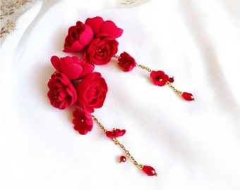 Red Flower Cascade Earrings, Red Long Earrings, Floral Earrings, Red Rose Earrings, Red Dangle Earrings, Handmade Earrings, Flower Jewelry