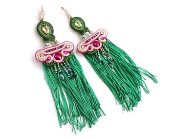 Green Long Tassel Earrings, Handmade Soutache Earrings, Pink Crystal Earrings, Emerald Beaded Earrings, valentines Day Gift for Her by ANUI