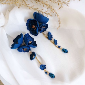 Blue Flower Earrings, Chandelier Flower Earrings, Blue Cascade Petal Earrings, Blue Statement Earrings, Blue Dangle Handmade Earrings ANUI