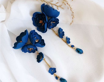 Blue Flower Earrings, Chandelier Flower Earrings, Blue Cascade Petal Earrings, Blue Statement Earrings, Blue Dangle Handmade Earrings ANUI