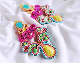 Orecchini soutache colorati / Orecchini fata / Orecchini lesbiche LGBT / Orecchini pendenti arcobaleno / Orecchini rosa shocking Frida / Orecchini fatti in casa