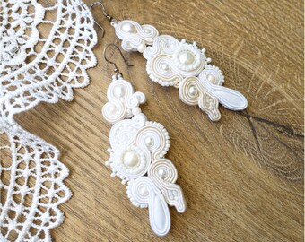 Bridal White Earrings, Cream Soutache Earrings, Romantic Earrings, Bridal Earrings, Wedding Earrings, Statement Earrings, Dangle Earrings