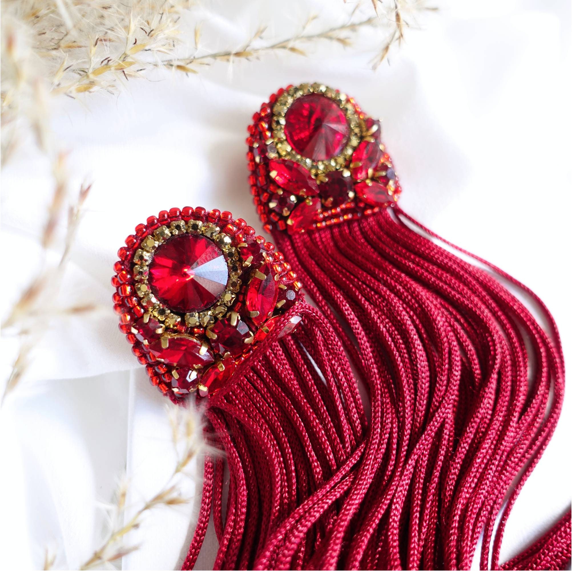 Long Red Beaded Earrings Red Tassel Earrings Ruby Red Etsy UK