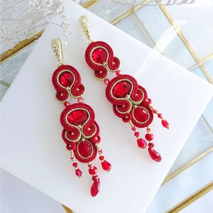 Red Soutache Earrings, Burgundy Handmade Earrings, Red Dangle Earrings, Flamenco Crystal Earrings, Beaded Earrings, birthday gift for women