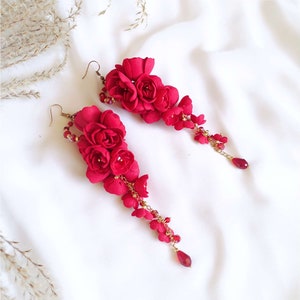 Red Flower Earrings, Cascade Red Earrings, Red Floral Earrings, Long Petal Red Earrings, Red Grapes Earrings, Red Dangle Flowers Earrings