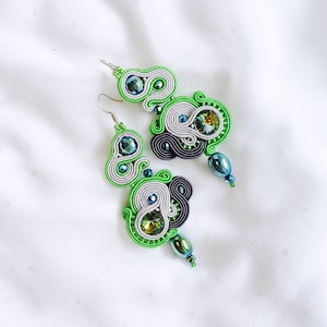 Green Soutache Earrings, Handmade Earrings, Dangle Earrings, Elegant Crystal Jewelry, Beaded Earrings, Best Friend Gift, Birthday gift idea