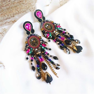 Black Handmade Earrings, Black Prom Earrings, Black Crystal Earrings, Black Beaded Rhinestone Earrings, Black Fashion Earrings for Her