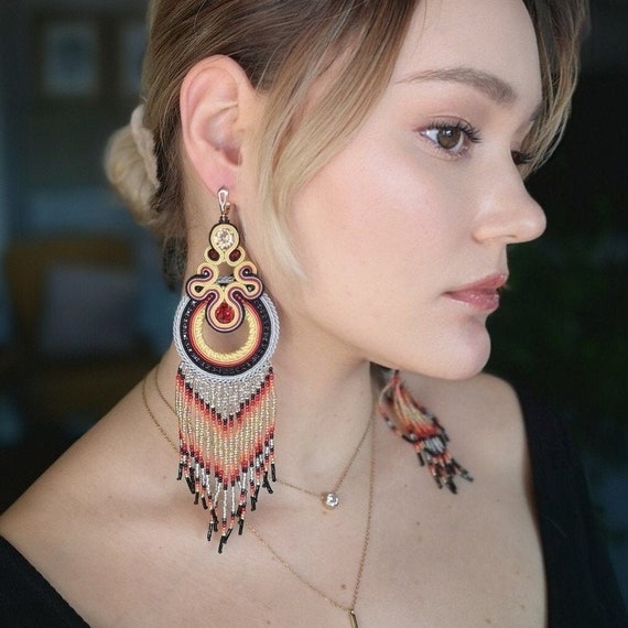 Yellow Beaded Earrings, Soutache Tassel Earrings, Hoop Boho Earrings, Statement Earrings, Yellow Red Earrings, Bollywood Earrings by ANUI