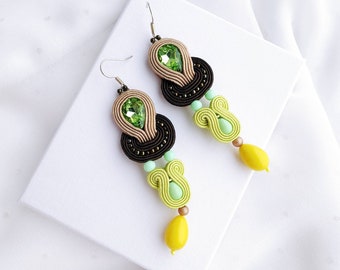 Handmade Soutache Earrings, Yellow Dangle Earrings, Statement Earrings with Drop, Crystal Earrings, Fun Earrings, Gift for Her