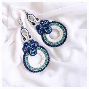 Navy Blue Hoop Earrings, Blue Soutache Earrings, Huge Hoop Earrings, Handmade Earrings, Crystal Earrings, White Blue Earrings, Huggie Hoops