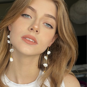 White Flower Earrings, White Petal Earrings, Floral Wedding Earrings, Wedding Boho Flower Earrings, Bridal White Dangle Earrings by ANUI