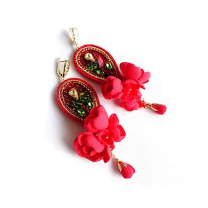 Red Folk Soutache Earrings, Red Flower Earrings, Red Green Soutache Flower Earrings, Soutache Ethno Earrings, Handmade Earrings Gift for Her
