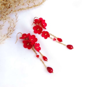 Handmade Red Daisy Textile Earrings, Gold-Plated Dangle, Floral Jewelry