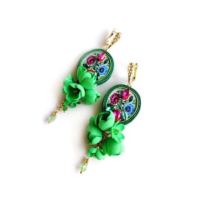 Green Flower Earrings, Green Soutache Earrings, Floral Earrings, Folk Soutache Earrings, Ethno Spring Earrings, Green statement earrings