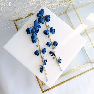 Blue Flower Cascade Earrings, Blue Long Petal Earrings, Floral Statement Earrings, Dark Blue Dangle Earrings, Handmade Flower Earrings ANUI