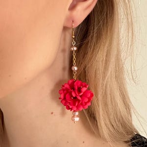 Red One Ball Earrings, Red Flower Earrings, Red Floral Earrings, Red Bon Bon Earrings, Red Drop Earrings, Pearl Earrings, Red Drop Earrings