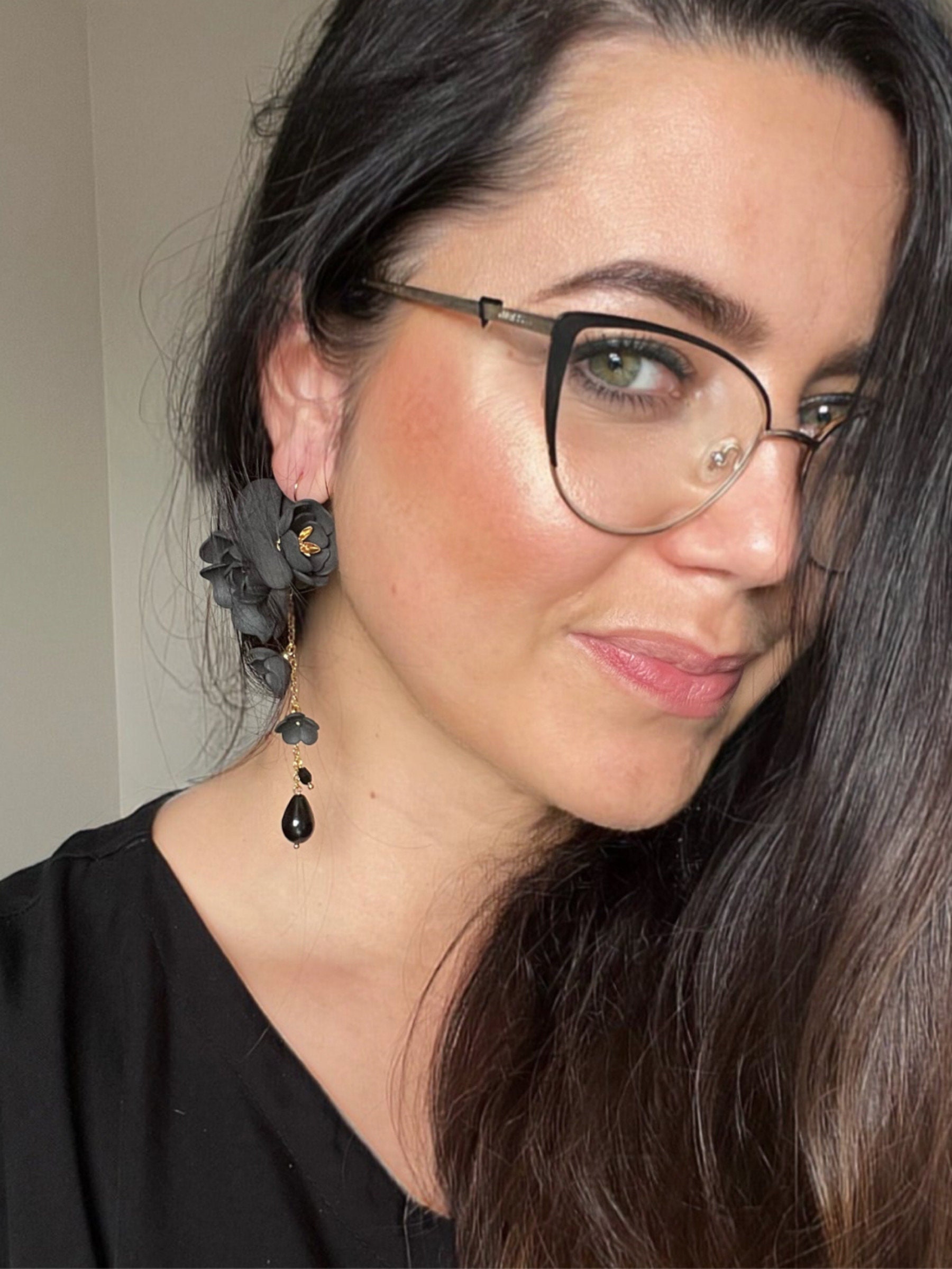 Black Flower Cascade Earrings, Black Long Petal Earrings, Floral Statement Earrings, Black Dangle Earrings, Handmade Flower Earrings by ANUI