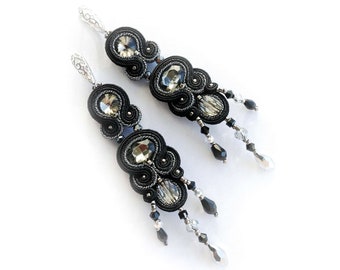 Black Silver Soutache Earrings, Hematite Handmade Earrings, Dangle Soutache Earrings, Black Beaded Earrings, Black Prom Earrings by ANUI