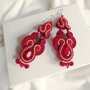 Ruby Red Soutache Earrings, Red Scarlet Crystals, Red Wine Novelty Earrings, Classy Earrings, Beadwork Earrings, Romantic Earrings by ANUI