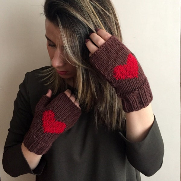 Brown Texting Gloves, Knitted Heart Gloves, Wool Wrist Warmers, Valentines Day Gift Her, Womens Winter Arm Warmer, Braided Fingerless Gloves