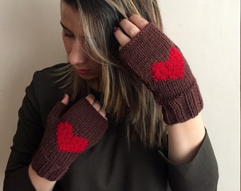 Brown Texting Gloves, Knitted Heart Gloves, Wool Wrist Warmers, Valentines Day Gift Her, Womens Winter Arm Warmer, Braided Fingerless Gloves