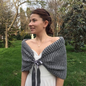 Wedding Wraps, Bridal Capelet, Knitted Grey Shrug, Bridal Bolero Jacket, Bridesmaids Off Shoulder Bolero, Warm Wedding Shawl, Romantic Shawl image 1