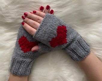 Knit Fingerless Heart Gloves, Valentines Day Gift For Her, Love Wool Gloves, Best Handmade for Girlfriend, Drive Winter Gloves, Gray Mitten