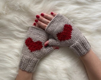Winter Fingerless Gift Glove, Knit Handmade Driving Glove, Knit Best Heart Gloves For Womens, Beige Wool Mitten, Valentines Day Heart gloves
