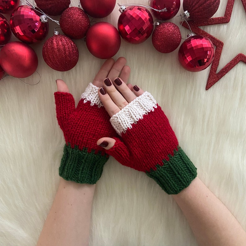 Christmas Gloves, Santa Claus Gloves, New Years Gift, Driving Fingerless Gloves, Winter Knit Mitten, Texting Red Glove, Women Hand Cuff, image 6