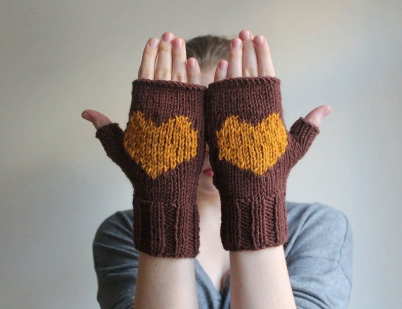 Valentines Day Gift For Girlfriend, Brown Knit Heart Gloves, For Mom Heart Glove, Winter Mitten Love Glove, Driving Fingerless Hand Warmers, image 4