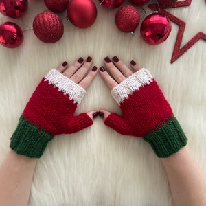Christmas Gloves, Santa Claus Gloves, New Years Gift, Driving Fingerless Gloves, Winter Knit Mitten, Texting Red Glove, Women Hand Cuff, image 1