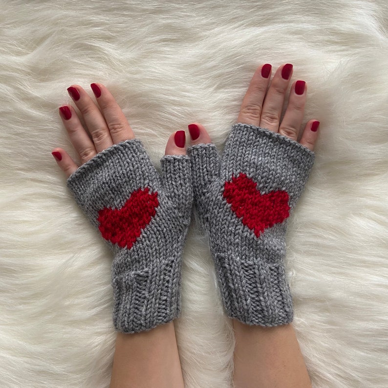 Winter Fingerless Gift Glove, Knit Handmade Driving Glove, Knit Best Heart Gloves For Womens, Beige Wool Mitten, Valentines Day Heart gloves image 5