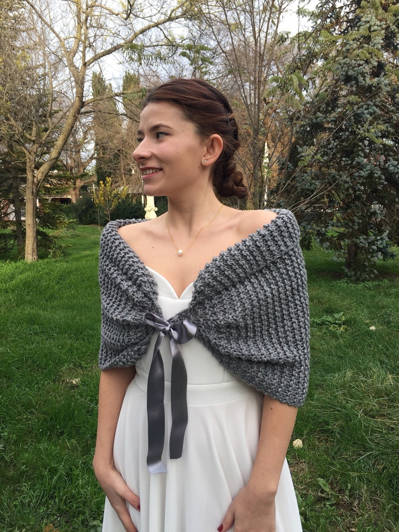 Wedding Wraps, Bridal Capelet, Knitted Grey Shrug, Bridal Bolero Jacket, Bridesmaids Off Shoulder Bolero, Warm Wedding Shawl, Romantic Shawl image 1