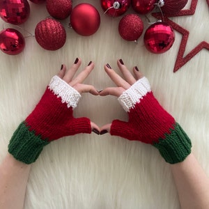 Christmas Gloves, Santa Claus Gloves, New Years Gift, Driving Fingerless Gloves, Winter Knit Mitten, Texting Red Glove, Women Hand Cuff, image 2