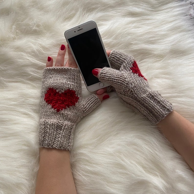 Winter Fingerless Gift Glove, Knit Handmade Driving Glove, Knit Best Heart Gloves For Womens, Beige Wool Mitten, Valentines Day Heart gloves image 4