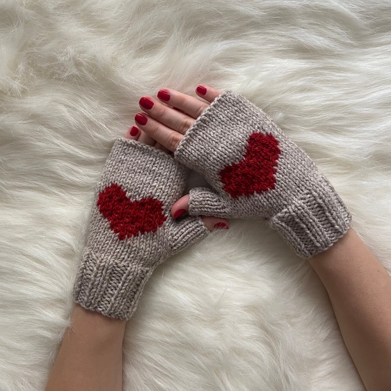 Winter Fingerless Gift Glove, Knit Handmade Driving Glove, Knit Best Heart Gloves For Womens, Beige Wool Mitten, Valentines Day Heart gloves image 1