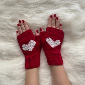 Winter Fingerless Gift Glove, Knit Handmade Driving Glove, Knit Best Heart Gloves For Womens, Beige Wool Mitten, Valentines Day Heart gloves image 8