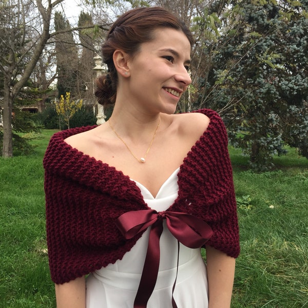 Burgundy Wedding Cape, Wine Wedding Shawl, Bridal Cover Up, Bridesmaid Shawl Winter, Bridesmaid Wrap, Knitted Wedding Bolero, Bridal Capelet