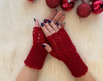 Knit Fingerless Gloves For Women, Valentines Day Best Gift, Elegant Fingerless Gloves, Knit Mitten, Bridal Red Glove, Wedding Winter Cuff