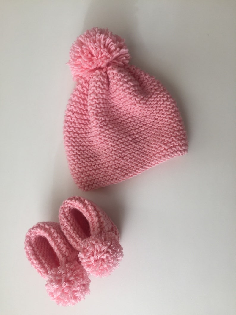 Newborn Booties, Baby Hospital Hat, Pompom Baby Shoes, Baby Ankle Booties, Newborn Girl Hat, Newborn Pompom Shoes, Hospital Outfit image 5