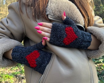 Knit Heart Fingerless Gloves Women, Valentine Clothing Women, Unique Valentines Gift For Her, Accessories gift anniversary, Driving Gloves