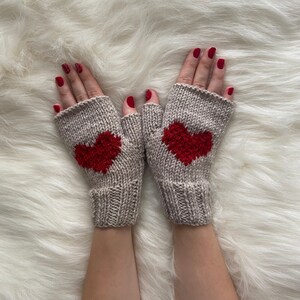 Winter Fingerless Gift Glove, Knit Handmade Driving Glove, Knit Best Heart Gloves For Womens, Beige Wool Mitten, Valentines Day Heart gloves image 2